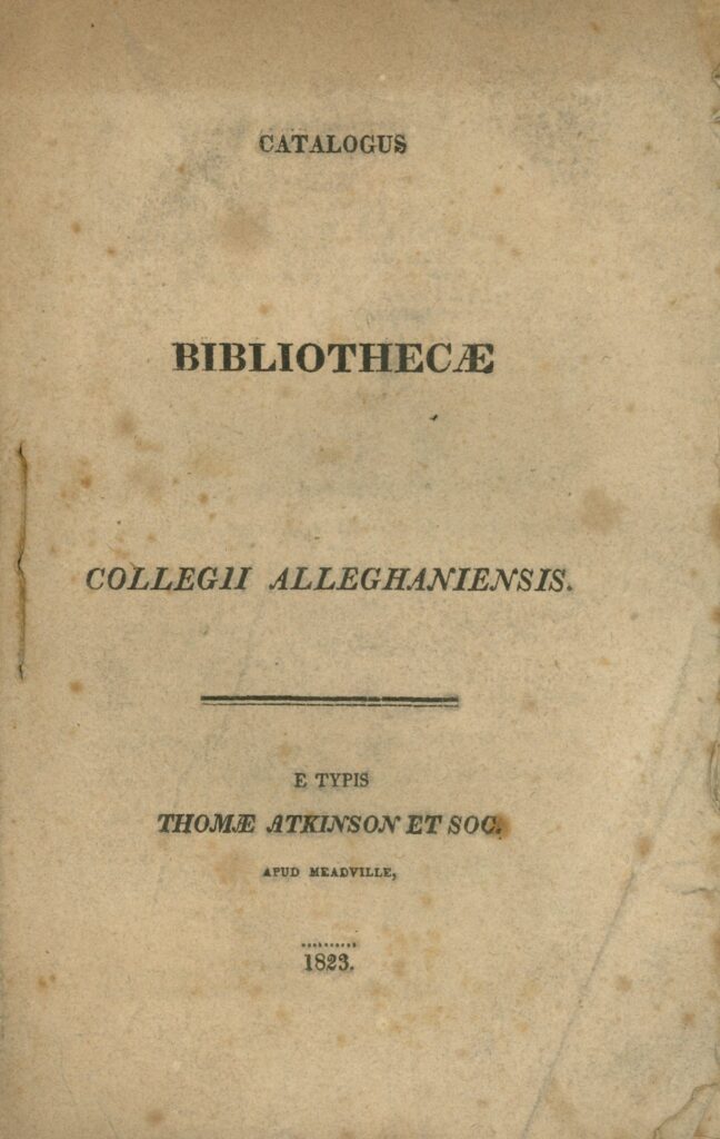 Image of the 1823 Alleghany College library catalogue cover