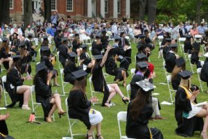 Rows of graduates seated at the Commencement Ceremony for the Class of 2021 on Bicentennial Plaza at Allegheny College