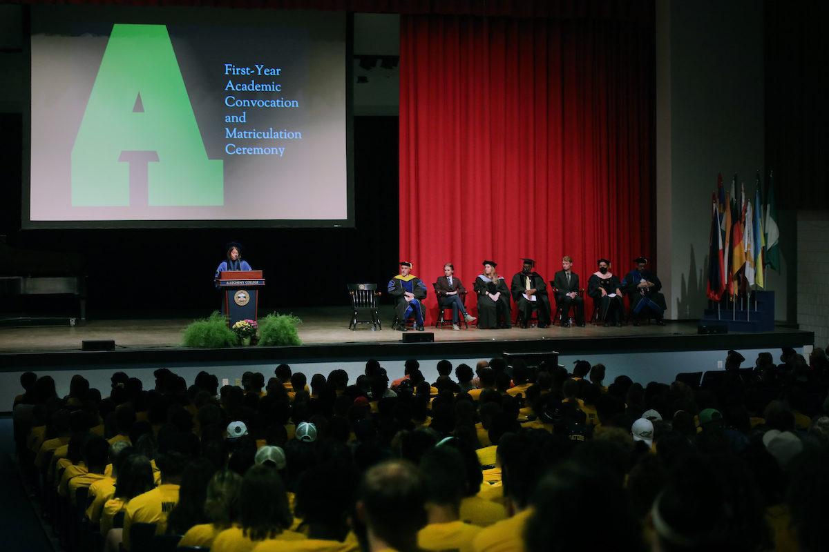 President Hilary Link addresses students at the First-Year Academic Convocation and Matriculation Ceremony in August.