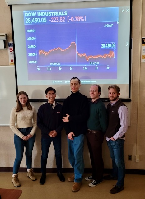 five college students standing in front of a screen showing a Dow Industrials chart