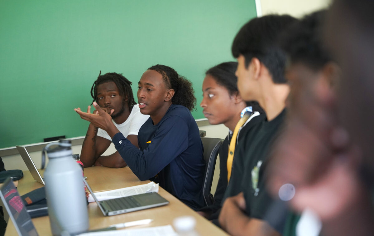 RISE students in a mock lecture in Arter with professor Charles Ross (alumnus)