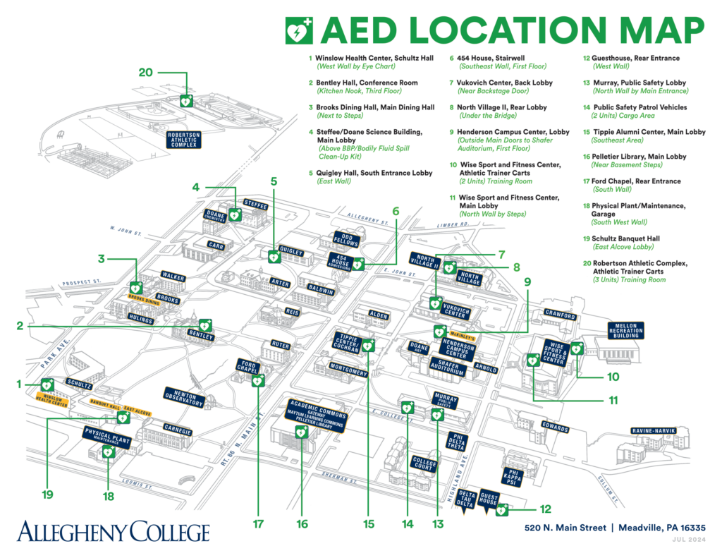 Illustrated map of AED locations on Allegheny College