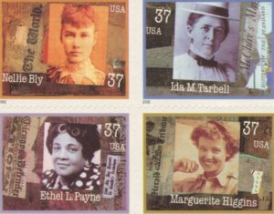 Four United State Postal Stamps wiht Ida Tarbell's image on them.
